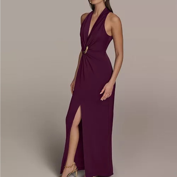 Donna Karan Satin,fully Lined,brooch Accent Waist Gown,Sz 12, New, Berry - Picture 2 of 9